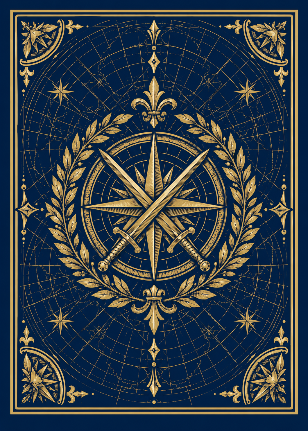 Official navy and gold playing card back with compass rose, crossed swords, and laurel wreath